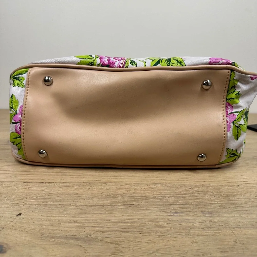 Tignanello Satchel Handbag White Pink Green Floral Leather Cottagecore Y2K Purse